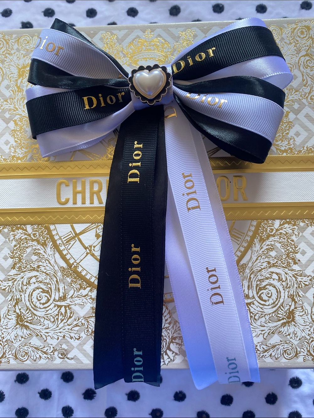 Handmade Dior Black and White Bow Hair Clip with Gold Lettering and Heart Accent